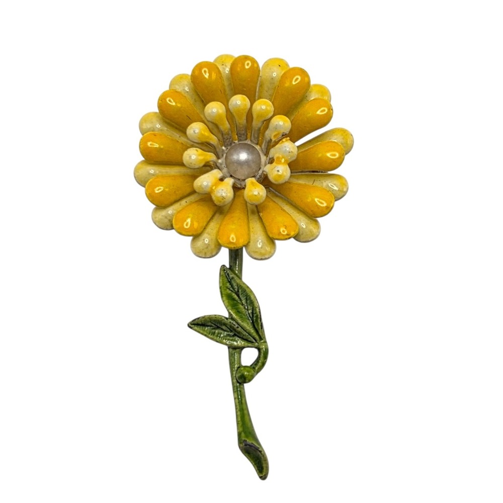 Vintage Enamel Faux Pearl Flower Brooch Pin Yellow & Green Vibrant Colors 2"
